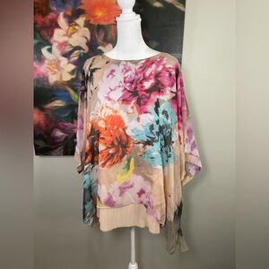NWT Ali Miles Chiffon Floral Kimono Pleated Soft Jersey Lining Tunic Size XL